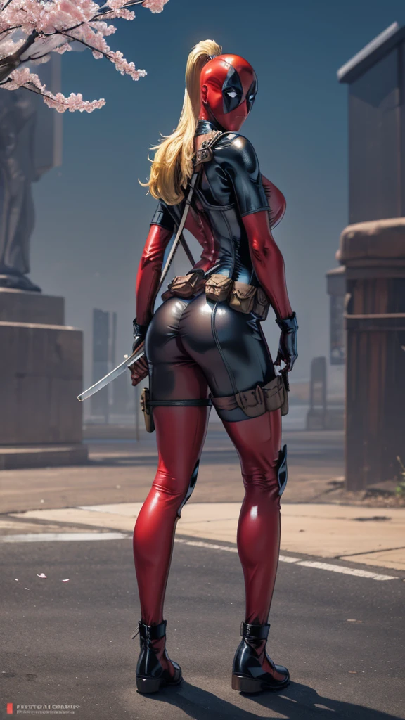 masterpiece, best quality, highres, contrapposto,
BodySuit_lady_deadpool_ownwaifu,
1girl, mask, blonde hair, ponytail, long hair, large breasts, no pupils, 
bodysuit, skin tight, superhero, belt pouch, utility belt, red bodysuit, gloves, weapon on back, thigh pouch, thigh strap, thigh holster, belt buckle,  solo, cowboy shot, looking at viewer,  walking forward with a sleiht breeze. cherry blossoms blowing in the breeze from the tree