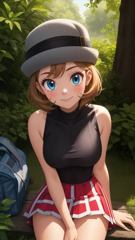 pkmnserena, 1 girl, Alone, blue eyes, by rubio, short hair, hits, has, gray hats, She sits cross-legged in her black shirt., tur...