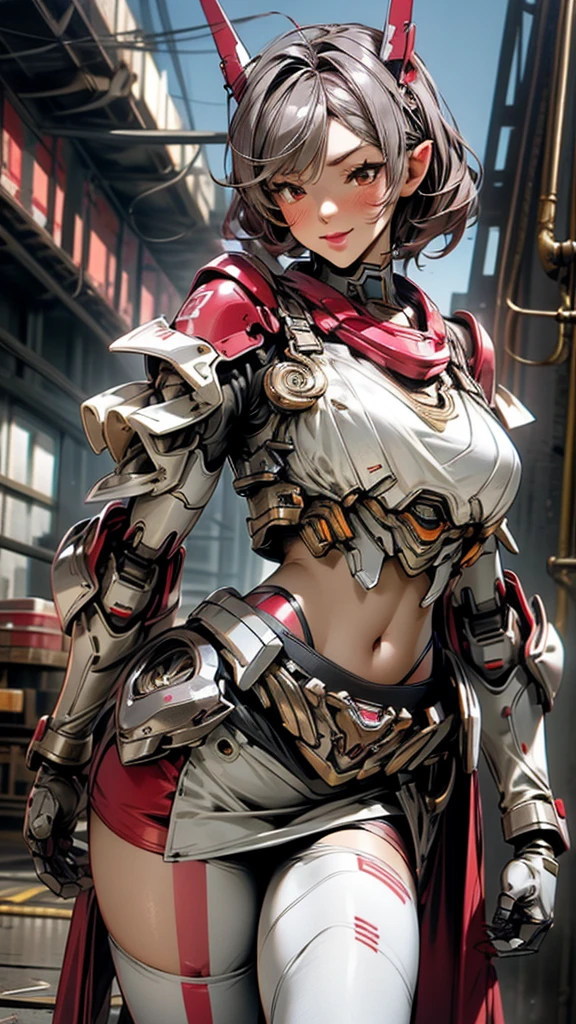 8k，best quality，masterpiece，Very detailed，Semi-realistic，a girl，White off-shoulder top，White gloves，White and red striped tight skirt，Silver wavy short hairstyle，Red eyeakeup Eyeshadow，Lipstick，Smile，science fiction apocalypse，Fighter warehouse，chest mecha，Large Breasts，Ears with sky wire，Arm mecha