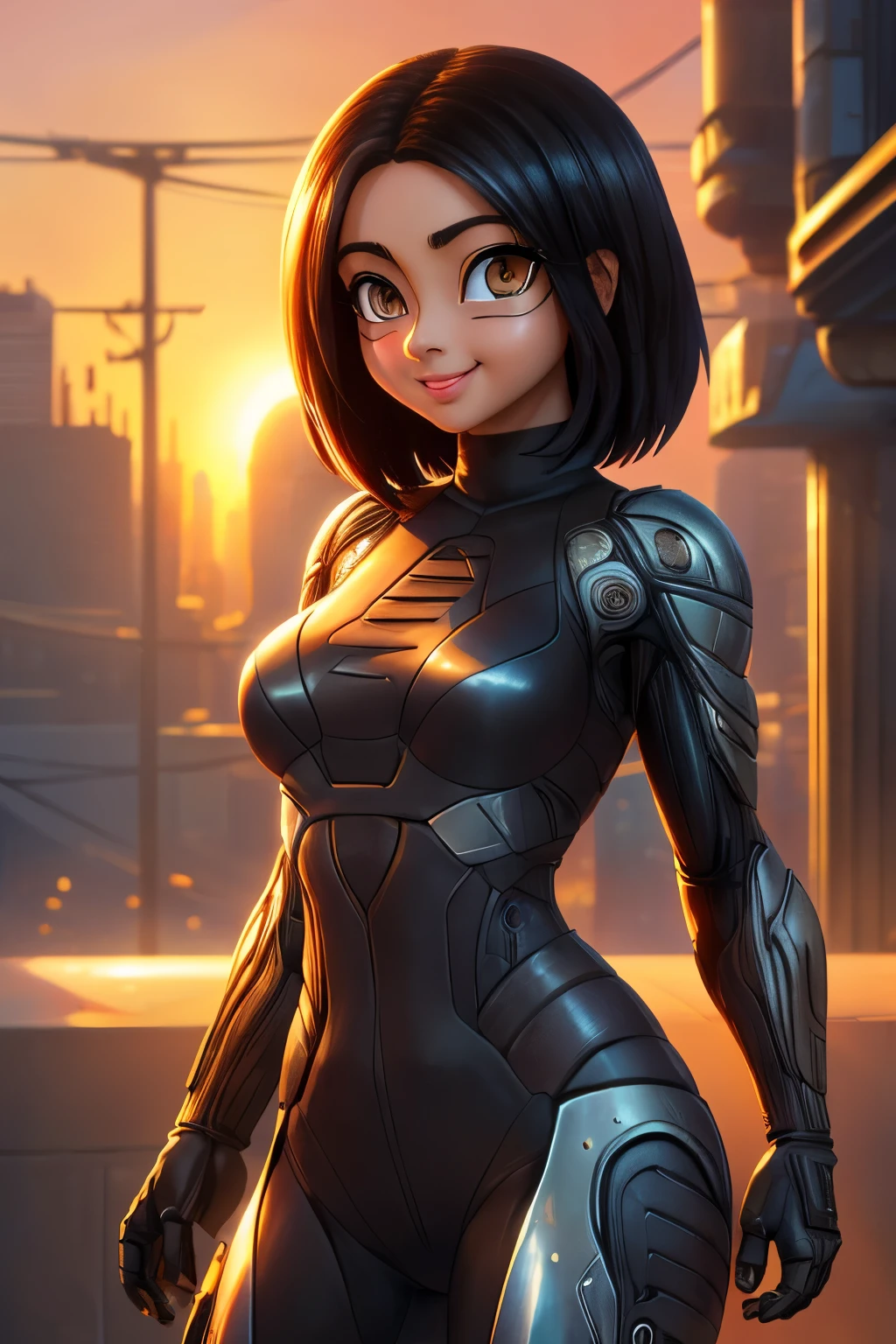 ((ultra quality)), ((Masterpiece artwork)), Alita battle angel, ((blackw, shorth hair)) (Beautiful cute face), (beautiful female lips), enchanting, ((excited expression)), looks at the camera with a gentle smile, eyes are slightly closed, (white skin color), Body shine, ((beautiful detailed female eyes)), ((lightbrown eyes)), (juicy female lips), (beautiful female hands), ((perfect female figure)), perfect female body, beautiful waist, beautiful big thighs, beautiful breasts, ((subtle and beautiful)), he is, (close do rosto), (Alita costume) fund: cyberpunk city, beautiful sunset, ((Depth of field)), ((high quality clear image)), (sharp details), ((highy detailed)), realisitic, professional photo session, ((Focus Clear)), the anime