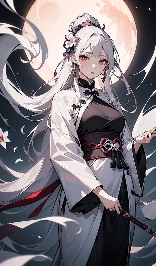 masterpiece, Highest, night, full moon, 1 female, Mature Woman, Chinese style, ancient China, sister, Royal Sister, Cold Face, Expressionless, A woman with long silvery white hair, Pale pink lips, Calm, intellectual, Three belts, Gray Hitomi, assassin, dagger, Flower ball background, Street view