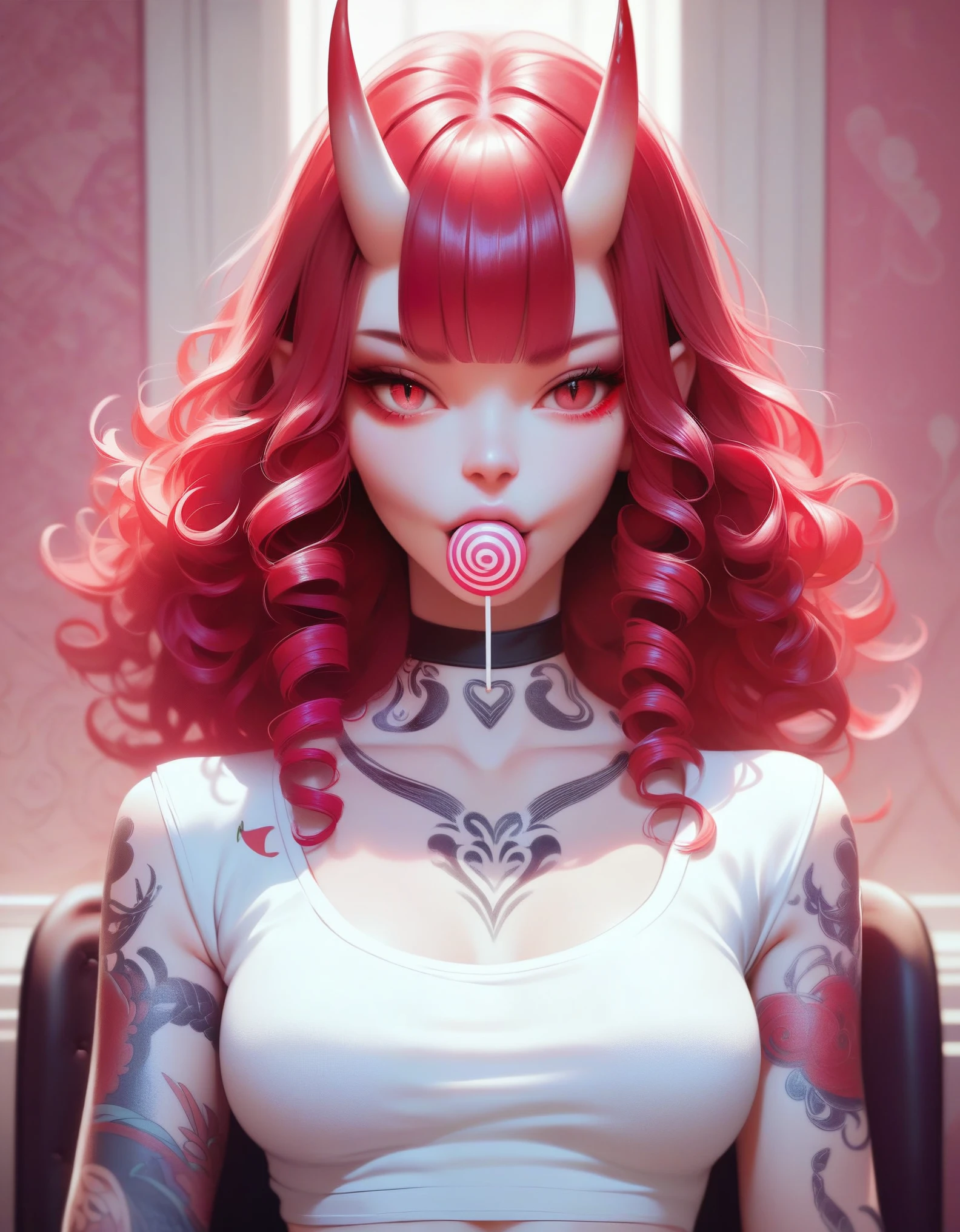 (score_9, score_8_up, score_7_up), zPDXL, 1 girl, alone, looking at viewer, leering, pink candy patterned background, hotel room, sitting on chair, snake eyes, upper body, curly hair, red hair, tight clothing, horns, white top, sucking on a lollipop, tattoos, tongue in lollipop, black choker, background of a room, red oni horns, blunt bangs, provicative aura, sexy, tattoos all over body, front view