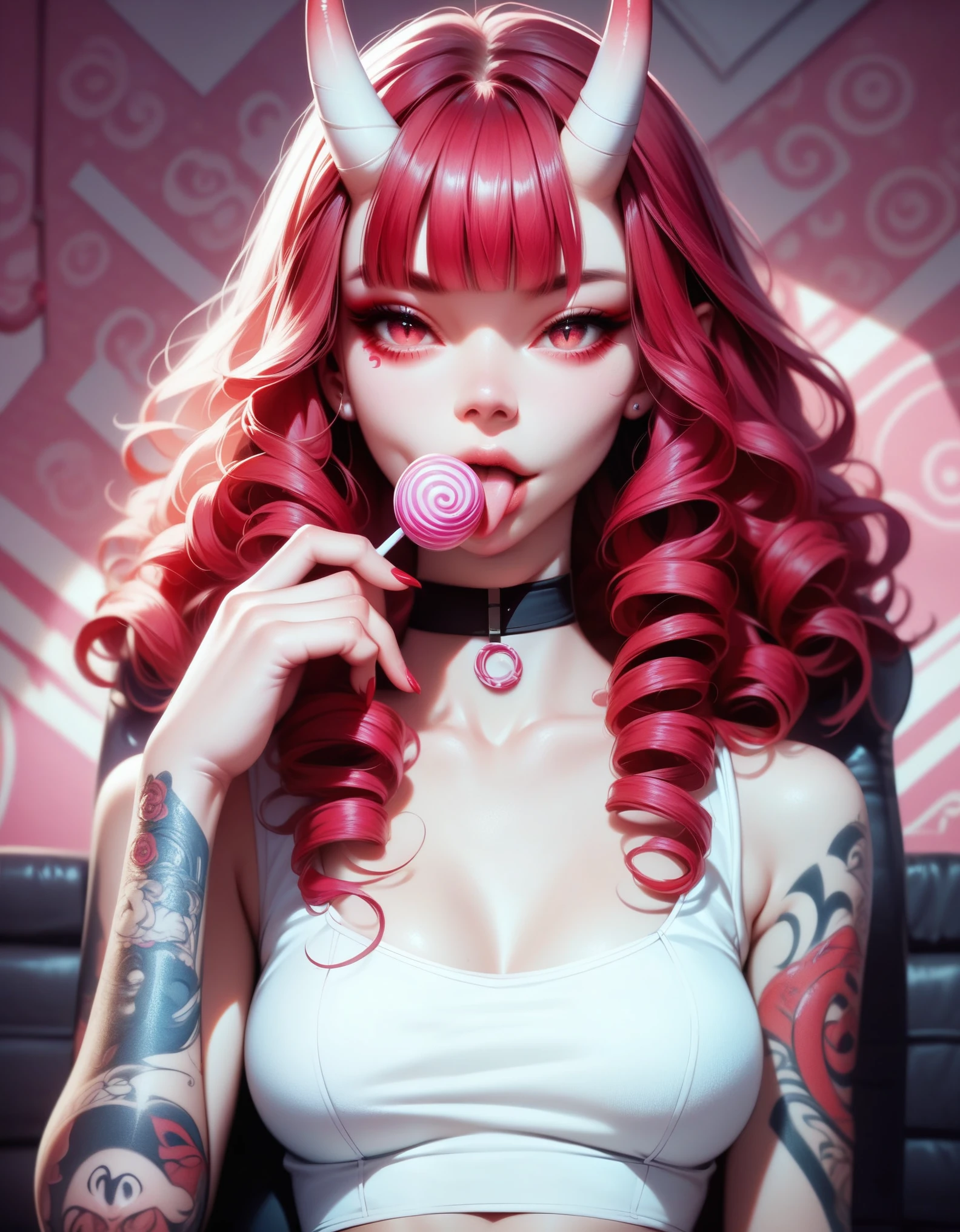 (score_9, score_8_up, score_7_up), zPDXL, 1 girl, alone, looking at viewer, leering, pink candy patterned background, hotel room, sitting on chair, snake eyes, upper body, curly hair, red hair, tight clothing, horns, white top, sucking on a lollipop, tattoos, tongue in lollipop, black choker, background of a room, red oni horns, blunt bangs, provicative aura, sexy, tattoos all over body, front view