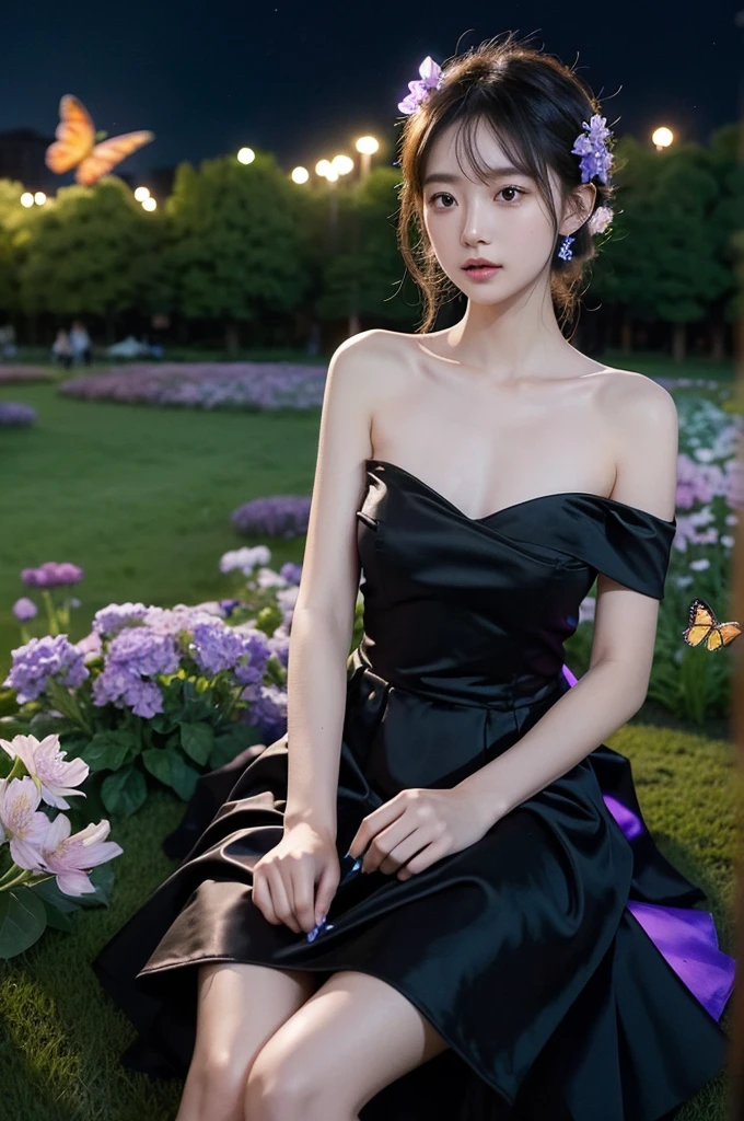 bioluminescent dress (night), ((single bare shoulder)), iridescence, In the park under the moonlight，A beautiful girl sitting among the flowers，Surrounded by blooming flowers and fluttering butterflies。Girl&#39;s cleavage is visible，The body leans back，Support your body with your elbows，Showing an elegant and seductive posture。She has a very beautiful、Well-proportioned legs，Anatomically correct。The girl&#39;s face is delicate，Bathed in the soft moonlight，The whole scene is filled with atmospheric lighting effects。Dramatic lighting creates a cinematic atmosphere。The bright smile on the girl&#39;s face adds a touch of fantasy。