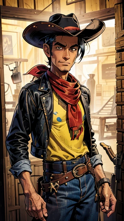 (1man, Lucky luke, yellow top, black jacket, jean, cowboy hat, red bandana), (extremely detailed CG unit 8k wallpaper),(master part), (best quality), (ultra detail), (best illustration),(melhor ombre), cowboy shot, (Sharp eyeliner, ombre, detail eyes), wild west saloon interiors background, ,break , (mike_cowboy), upper body, short hair, black hair