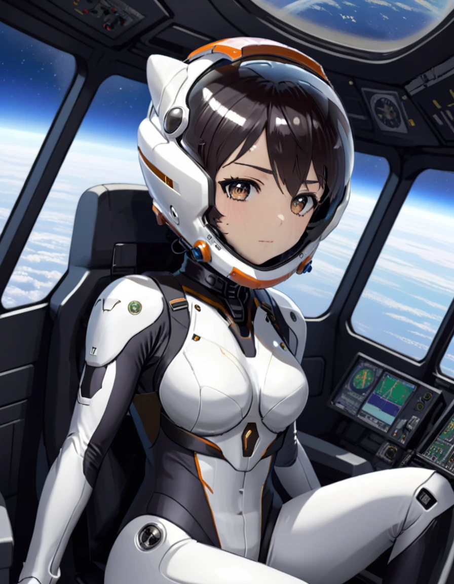 ((Female pilot in the cockpit of a reconnaissance plane), (airplane cockpit), (in flight), (10000 feet altitude)、(sky view):1.7),, short hair, street, emo, BLACK hair, white eyes, eyeliner, apocalypse, girl, nside the (cockpit:1.9) of a (futuristic spaceship:1.6), , blush,sitting on a chair, covered navel, space helmet, muvluv, space helm, plug suit , space helmet, eva helm, space suit, short hair,
from side