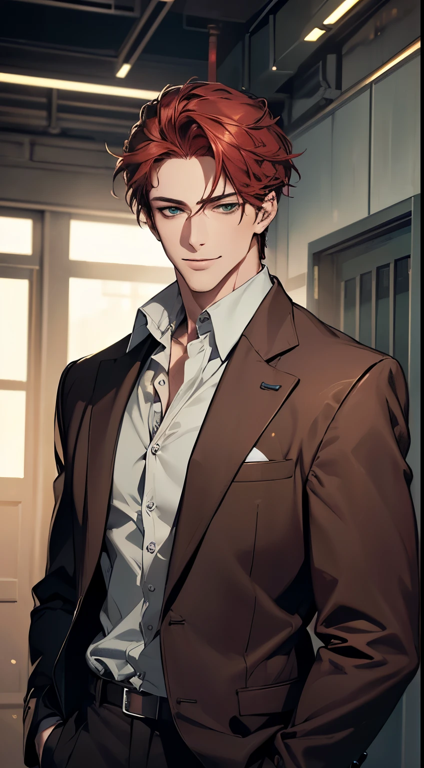 (best quality, masterpiece, 8K, photorealistic, cinematic lighting, hdr image, ultra detailed, beautiful image), a mature man, very handsome, smile, short grey red hair, green eyes, perfect face without errors, ((buttoning the jacket, CEO))