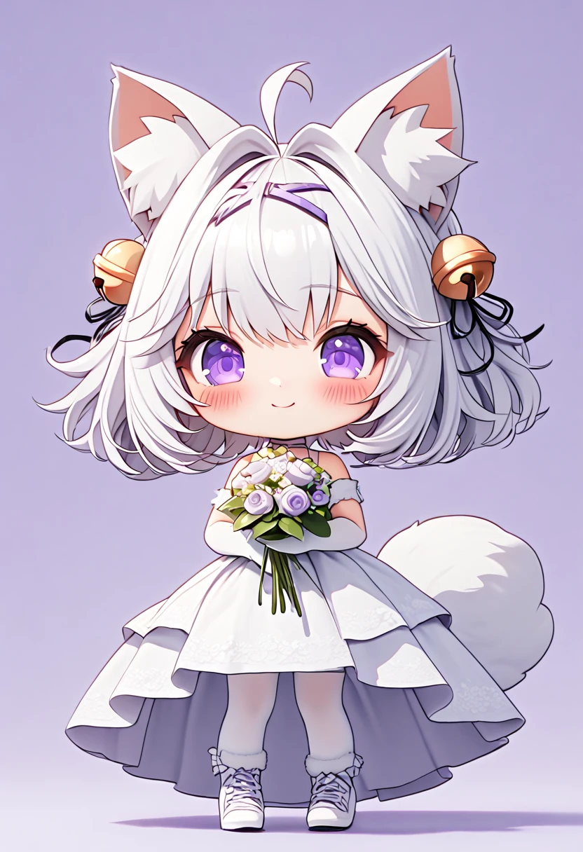 master piece, best quality, ultra-detailed, illustration, 1girl, solo, chibi, (big head), cute pose, front view, looking at viewer. Filiansailor, ((purple hairclip)), hair bell, white hair, short hair, cat ears, ahoge, purple eyes, blush, smiling, fluffy tail, wedding dress, white arm sleeve, white gloves, holding bridal bouquet, white leg stockings, white high heals, ((simple background)), 