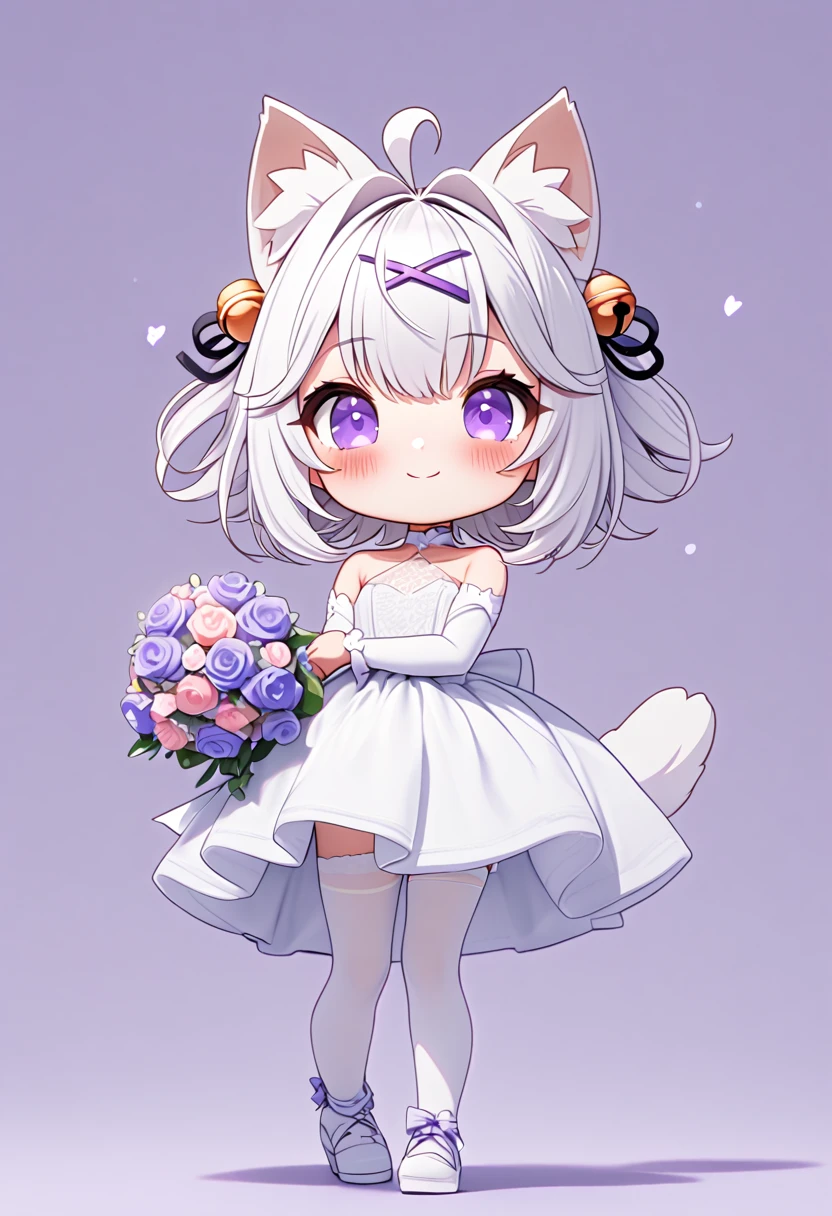 master piece, best quality, ultra-detailed, illustration, 1girl, solo, chibi, (big head), cute pose, front view, looking at viewer. Filiansailor, ((purple hairclip)), hair bell, white hair, short hair, cat ears, ahoge, purple eyes, blush, smiling, fluffy tail, long ponytail hair, wedding dress, white arm sleeve, white gloves, holding bridal bouquet, white leg stockings, white high heals, ((simple background)), 