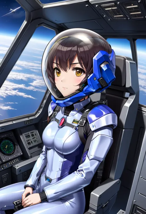 ((female pilot in the cockpit of a reconnaissance plane), (airplane cockpit), (in flight), (10000 feet altitude)、(sky view):1.7)...