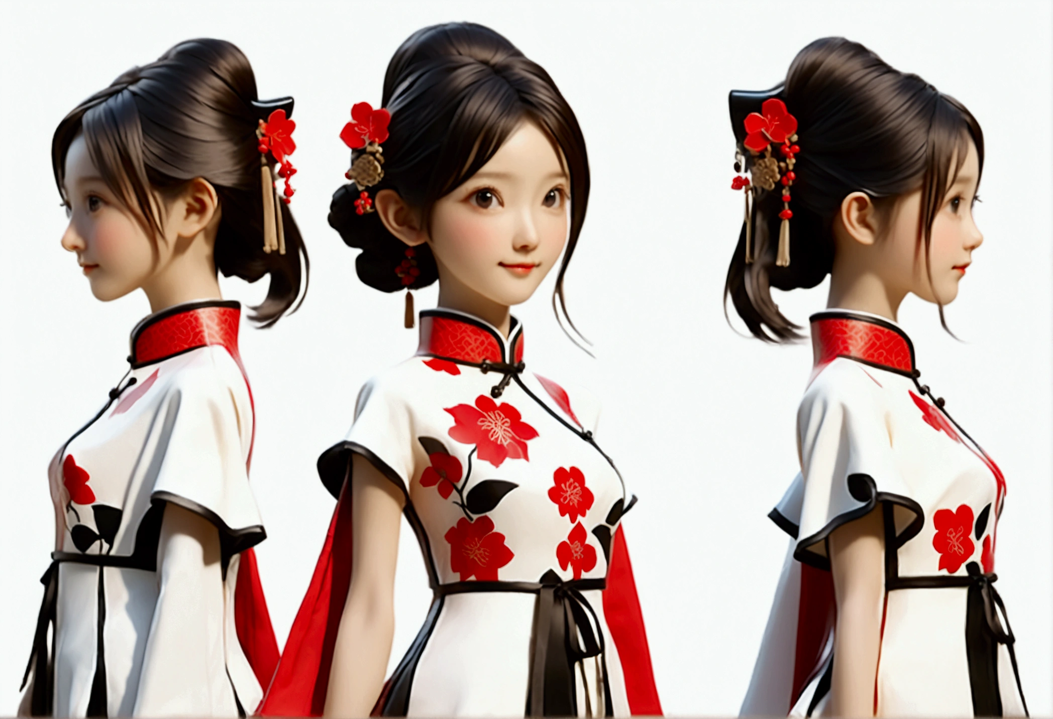 (((Mostrando la vista frontal del mismo diseño de figura IP de personaje 3D、Vista lateral、Vista trasera:1.5)))，Chica joven de moda，Vistiendo un moderno cheongsam teñido con tinta，Cheongsam de seda Atles de colores mezclados en blanco y negro con tinta，Cheongsam tótem uigur，Patrón de buganvilla roja，Estilo cheongsam que combina etnicidad y moda.，patrón retro chino，Lindo patrón floral，mangas de avión，mangas anchas，Mangas de globo，Mangas de pipa，Crea personajes de tendencia nacional en 3D.，Patrón delicado de buganvilla，Integración cultural multiétnica，Estilo chino tridimensional，Diseño de figura IP de personaje 3D de estilo chino.，Rostro ovalado perfectamente proporcionado，Textura de calidad ultraalta a nivel de película，iluminación global，（Estilo de cuerpo completo），((El mismo diseño de figura IP de personaje en 3D con la misma ropa y accesorios desde múltiples perspectivas，Vista frontal del mismo diseño de figura IP de personaje 3D，同一个3D人物IP手办设计的Vista lateral，同一个3D人物IP手办设计的Vista trasera))，
