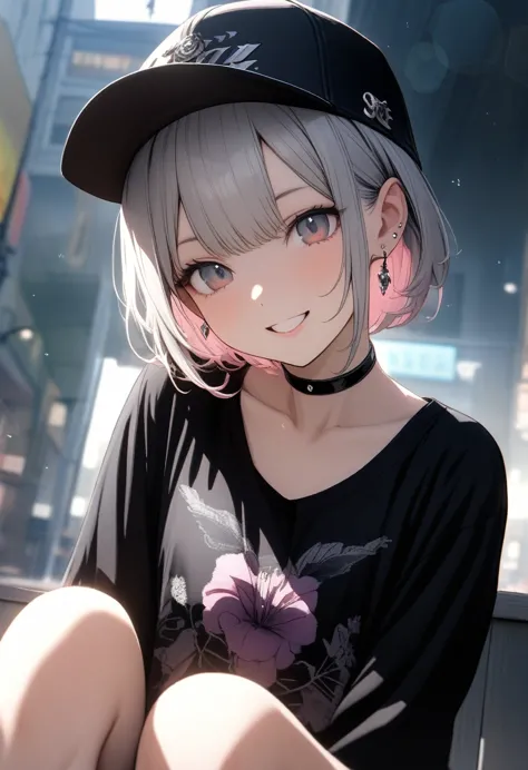 Very cute 15 year old girl, ((She has some silver earrings in her ears.. Stylish black baseball cap. Black choker、Black punk fas...