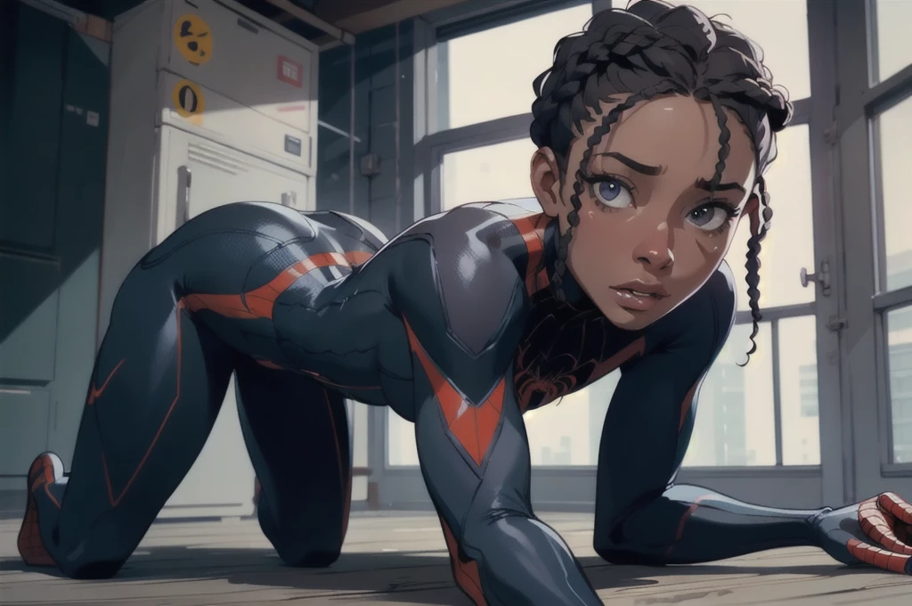 a 20 year old african american woman, beautiful detailed face, detailed eyes, long eyelashes, detailed lips, perfect hourglass figure, detailed braided hairstyle, on all fours, on the floor, all fours pose, scared facial expression, wearing spiderman suit with spider logo in miles morales colors, photo-realistic, highly detailed, 8k, best quality, dramatic lighting, cinematic composition