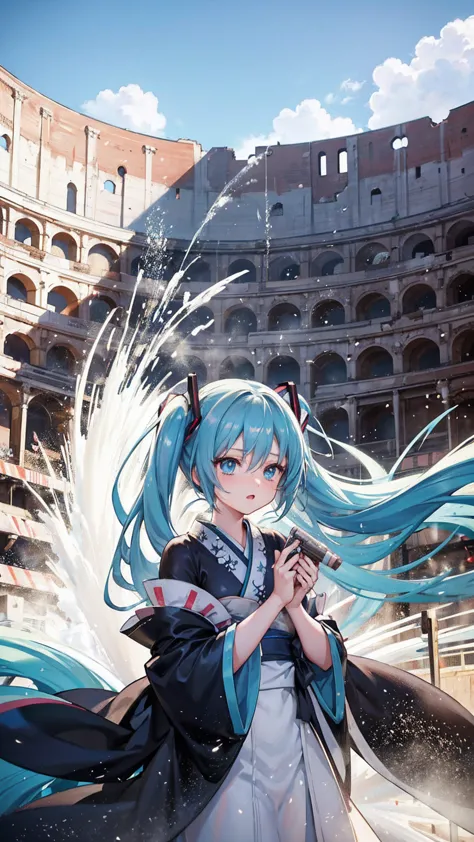 hatsune miku in a kimono spraying a ton of powder from her nose while surrounded by a huge crowd in the middle of the colosseum