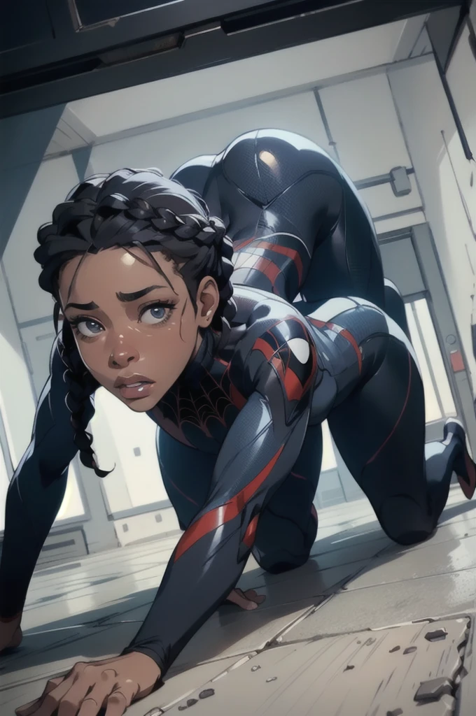 a 20 year old african american woman, beautiful detailed face, detailed eyes, long eyelashes, detailed lips, perfect hourglass figure, detailed braided hairstyle, on all fours, on the floor, all fours pose, scared facial expression, wearing spiderman suit with spider logo in miles morales colors, photo-realistic, highly detailed, 8k, best quality, dramatic lighting, cinematic composition