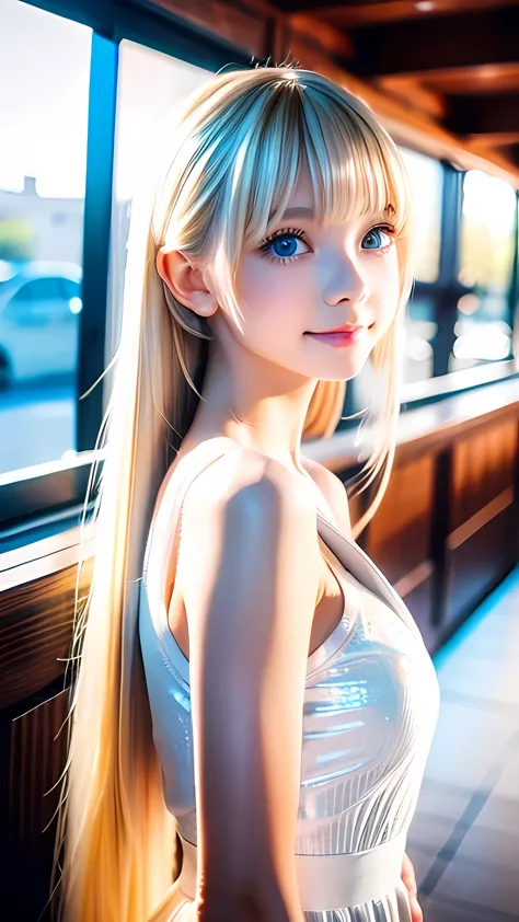 natural platinum blonde hair is super long and stringy straight.、polate、school uniforms、bright expression、ponytail、young, incred...