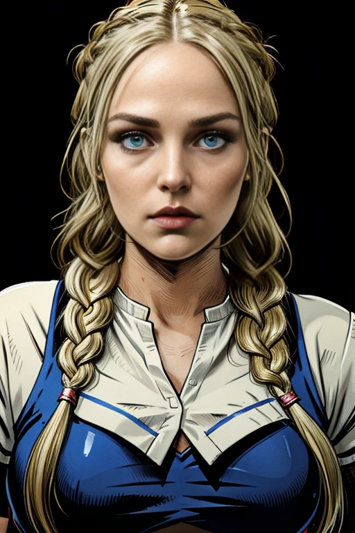 1girl, blonde long braided hair, blue eyes, beautiful detailed eyes, beautiful detailed lips, extremely detailed face, large breasts, thin lips, round face, cheerleader uniform, holding chainsaw, arrogant expression, zombie slayer, protagonist, best quality, 8k, highres, photorealistic, hyper detailed, studio lighting, vibrant colors, dramatic lighting, cinematic, concept art style, dark fantasy