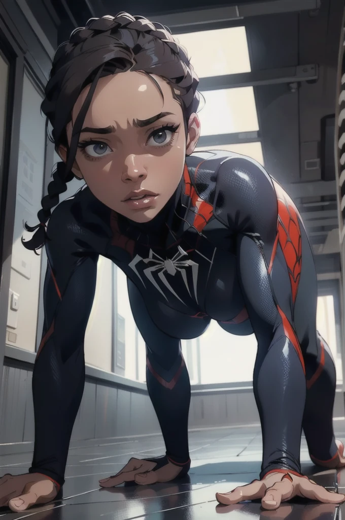 a 20 year old african american woman, beautiful detailed face, detailed eyes, long eyelashes, detailed lips, perfect hourglass figure, detailed braided hairstyle, flexing, on all fours, all fours pose, on all fours on floor, scared facial expression, wearing spiderman suit with spider logo in miles morales colors, photo-realistic, highly detailed, 8k, best quality, dramatic lighting, cinematic composition