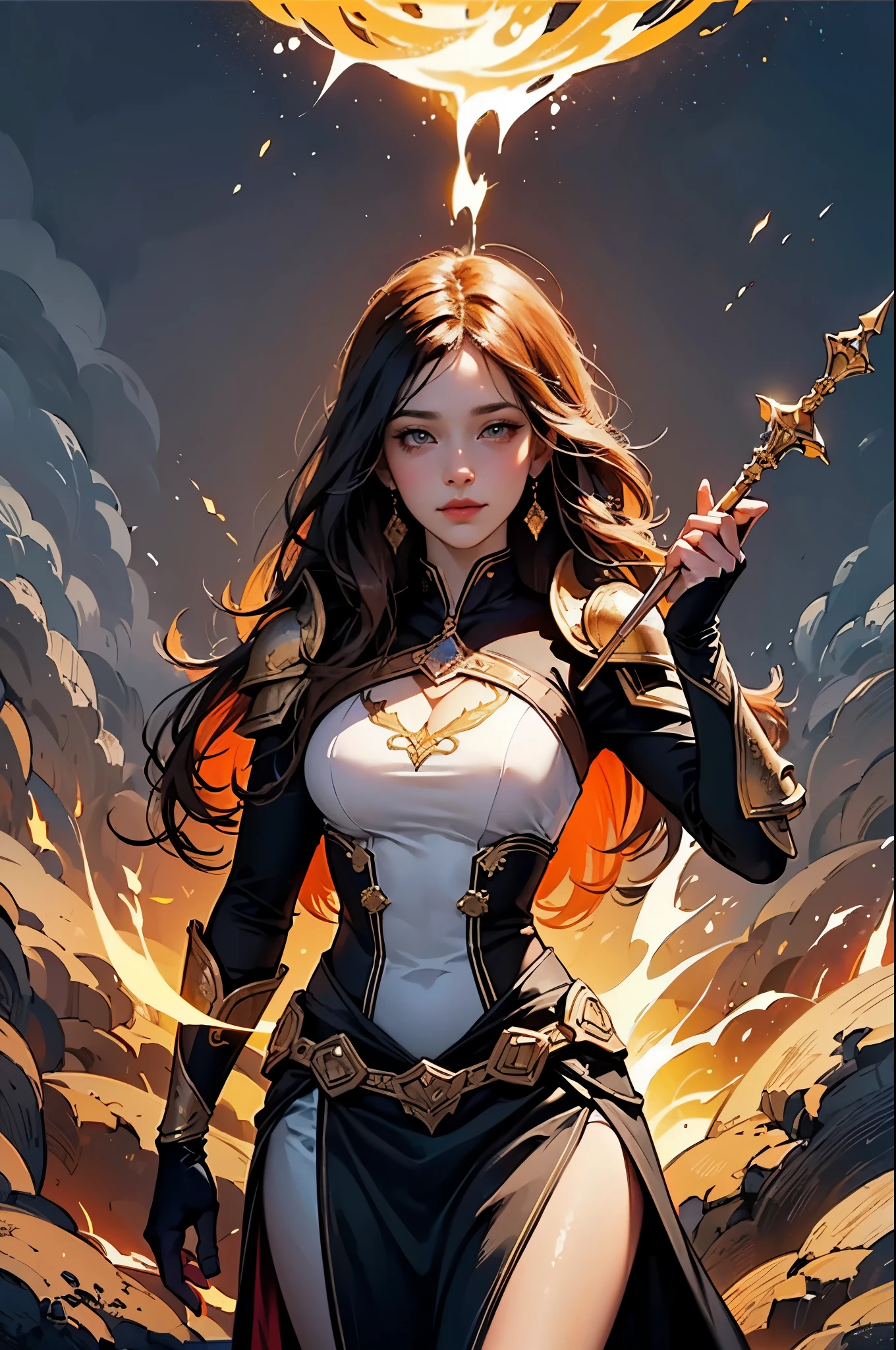 a painting of a woman with a long hair and a swirly hair, plumeria design splash armor and pencil skirt, golden adornments, carrying a spear of light, lighting and fire, golden hour, digital art inspired by Cyril Rolando, trending on cg society, fantasy art, jen bartel, digital art fantasy, colorfull digital fantasy art, gorgeous digital art, beautiful art uhd 4 k, digital art fantasy art, exquisite digital illustration, beautiful digital artwork, stunning digital illustration