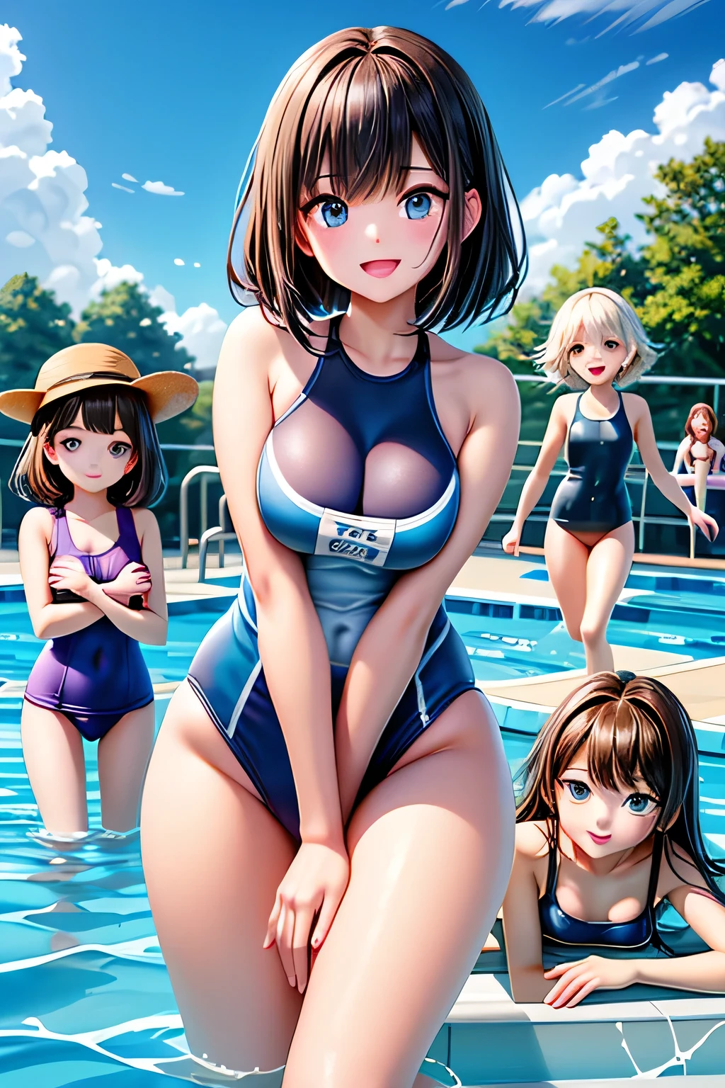 best quality、high resolution、Detailed background、masterpiece、(Very detailed beautiful face:1.3)、Teenage Girl、(5 women)、Navy blue school swimsuit、Brown hair、Braided Bob、Lovely編み込みヘアスタイル、Practical、Attractive thighs、
(Five beautiful girls in school swimsuits playing in the school swimming pool.:1.5)、
Playfully splashing water on each other、Innocent smile、Open your mouth and laugh、A swimsuit that glows when wet、Soaked、The hair is also wet、Lovely