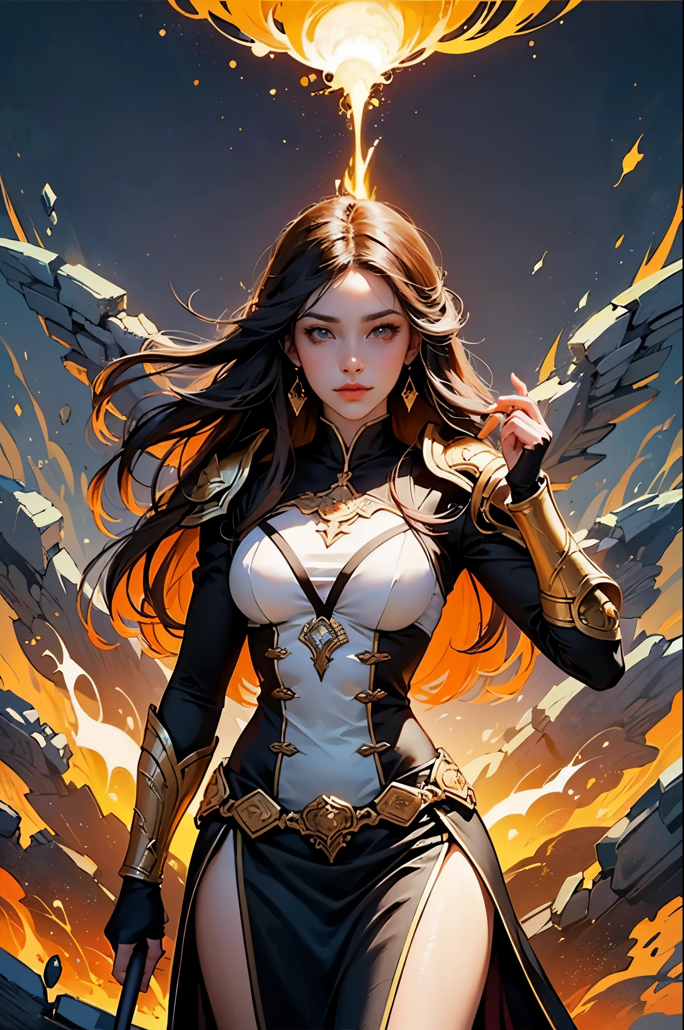 a painting of a woman with a long hair and a swirly hair, plumeria design splash armor and pencil skirt, golden adornments, carrying a spear of light, lighting and fire, golden hour, digital art inspired by Cyril Rolando, trending on cg society, fantasy art, jen bartel, digital art fantasy, colorfull digital fantasy art, gorgeous digital art, beautiful art uhd 4 k, digital art fantasy art, exquisite digital illustration, beautiful digital artwork, stunning digital illustration