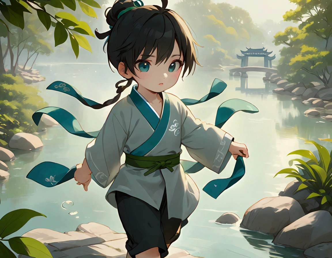 A young Chinese male named John,round face，Fair complexion，Black eyes，hairstyle: long hair（comb your hair into a bun）Wear light gray traditional Chinese clothing，sash: blue cloth belt，shoe:Black cloth shoes,Standing by the lake soaked to the skin，Holding a jade pendant in hand