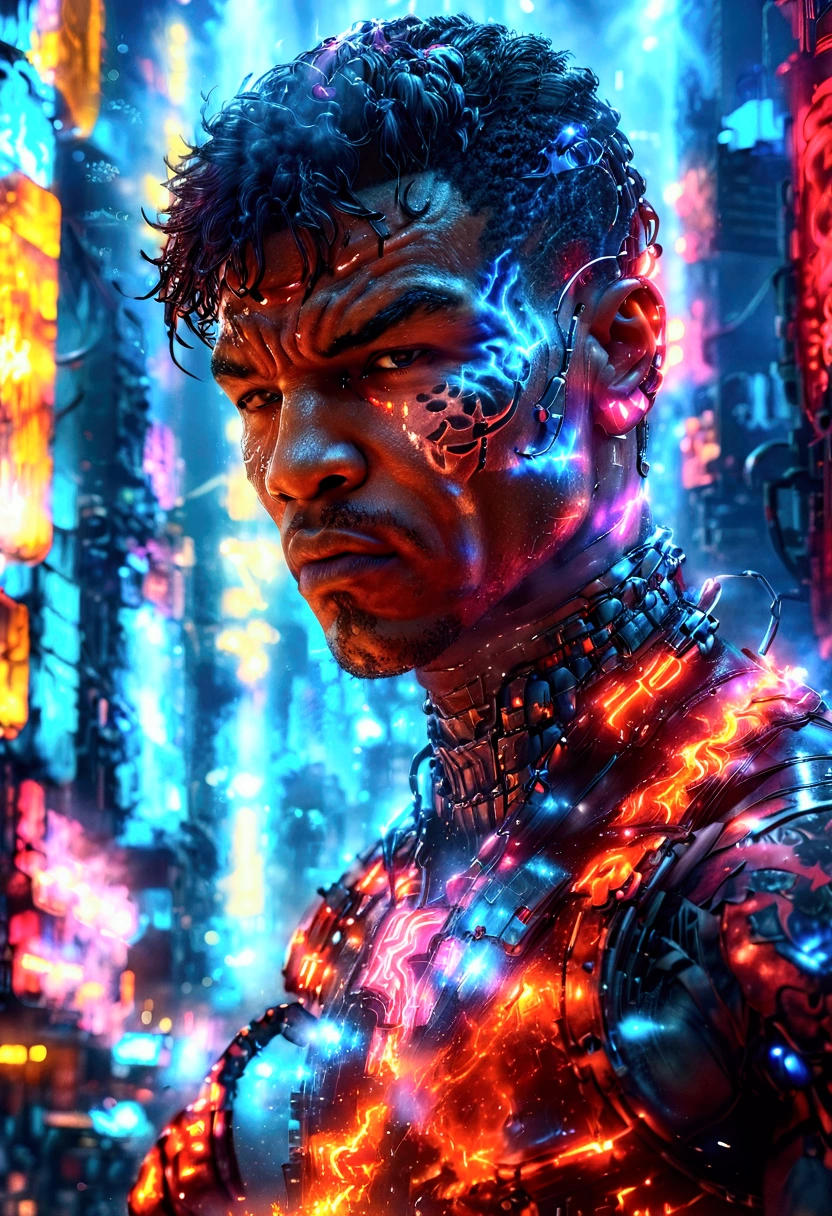 a cyberpunk cyborg Mike Tyson standing in his famous fighting pose, fierce determined expression, body enhanced with intricate robotic parts, towering futuristic skyscrapers, illuminated by neon lights, smoke filled sky with fiery embers, gripping a burning chain, flames casting dynamic shadows and reflections, stunning realism in 4K or 8K, highly detailed portrait, cinematic lighting, dramatic colors, intricate details, advanced technology, science fiction undefined, undefined, undefined, undefined, undefined, undefined, undefined, undefined, undefined, 