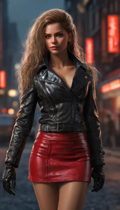 ultra-realistic, hyper-realistic photography, digital style Canon R5 f8.0, light on messy hair , red leather mini skirt, red lea...