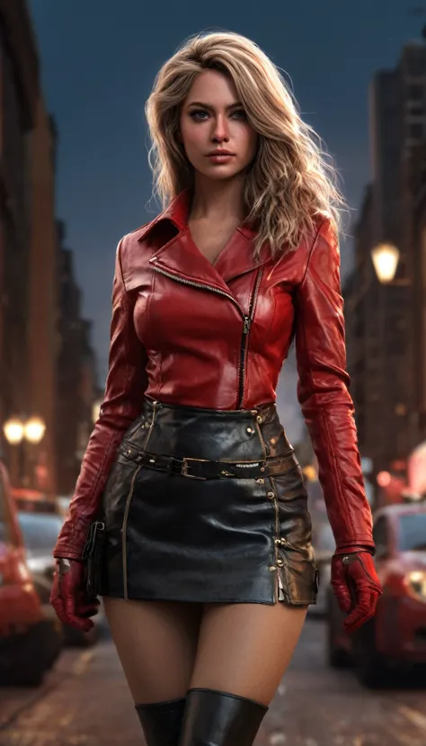 ultra-realistic, hyper-realistic photography, digital style Canon R5 f8.0, light on messy hair , red leather mini skirt, red lea...