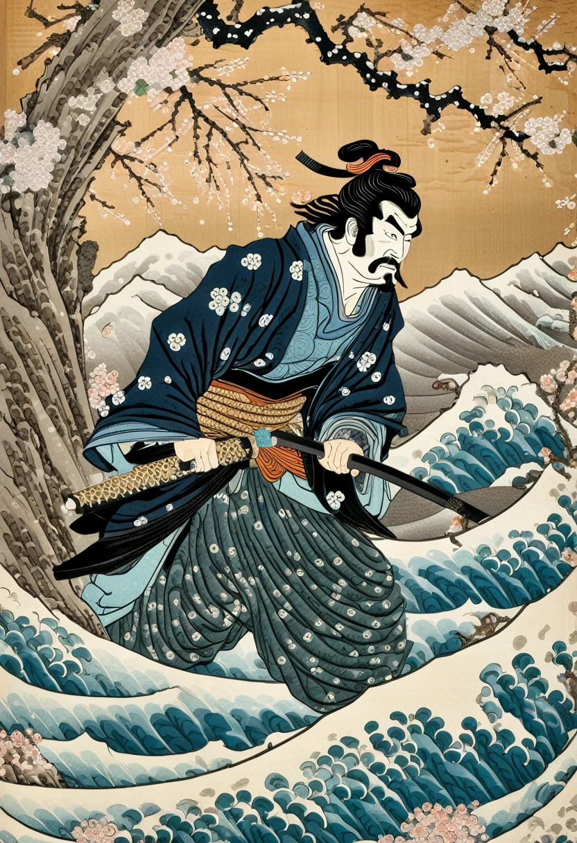 Japanese woodblock calligraphy scroll depicting a ダースベーダー as a Japanese samurai, Ukiyo-e, knife, cherry blossoms, Wave, Grass hat, calligraphy,  Super detailed, Intricate details, Very detailed, High resolution, high quality, amazing, masterpiece