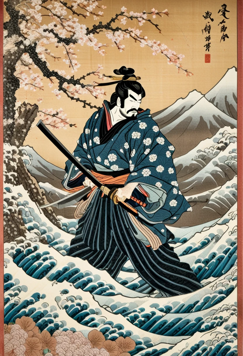 Japanese woodblock Calligraphie scroll depicting a ダースベーダー as a Japanese samurai, Ukiyo-e, couteau, fleurs de cerisier, Vague, Chapeau d&#39;herbe, Calligraphie,  Super détaillé, détails complexes, très détaillé, haute résolution, Haute qualité, Incroyable, chef-d&#39;œuvre