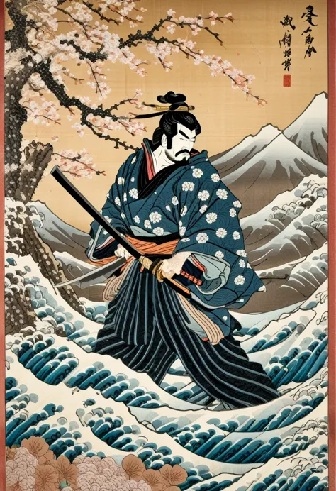Japanese woodblock calligraphy scroll depicting a ダースベーダー as a Japanese samurai, Ukiyo-e, knife, cherry blossoms, Wave, Grass ha...