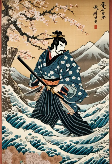 japanese woodblock calligraphy scroll depicting a ダースベーダー as a japanese samurai, ukiyo-e, knife, cherry blossoms, wave, grass ha...