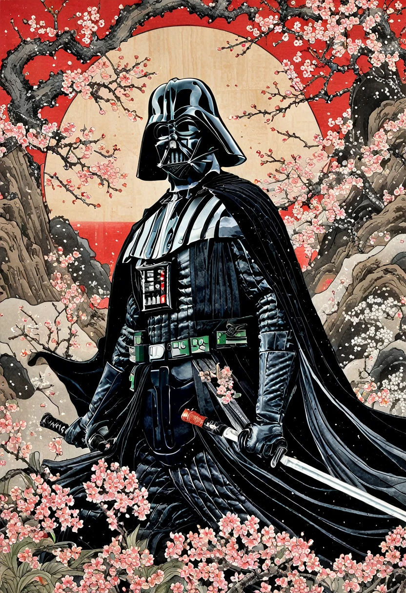 Japanese woodblock caligrafía scroll depicting a Darth Vader as a Japanese samurai, Ukiyo-e, cuchillo, Flores de cerezo, Ola, Sombrero de paja, caligrafía, Súper detallado, detalles intrincados, Muy detallado, Alta resolución, alta calidad, Asombroso, obra maestra
