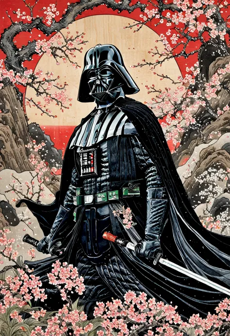 Japanese woodblock calligraphy scroll depicting a Darth Vader as a Japanese samurai, Ukiyo-e, knife, cherry blossoms, Wave, Gras...