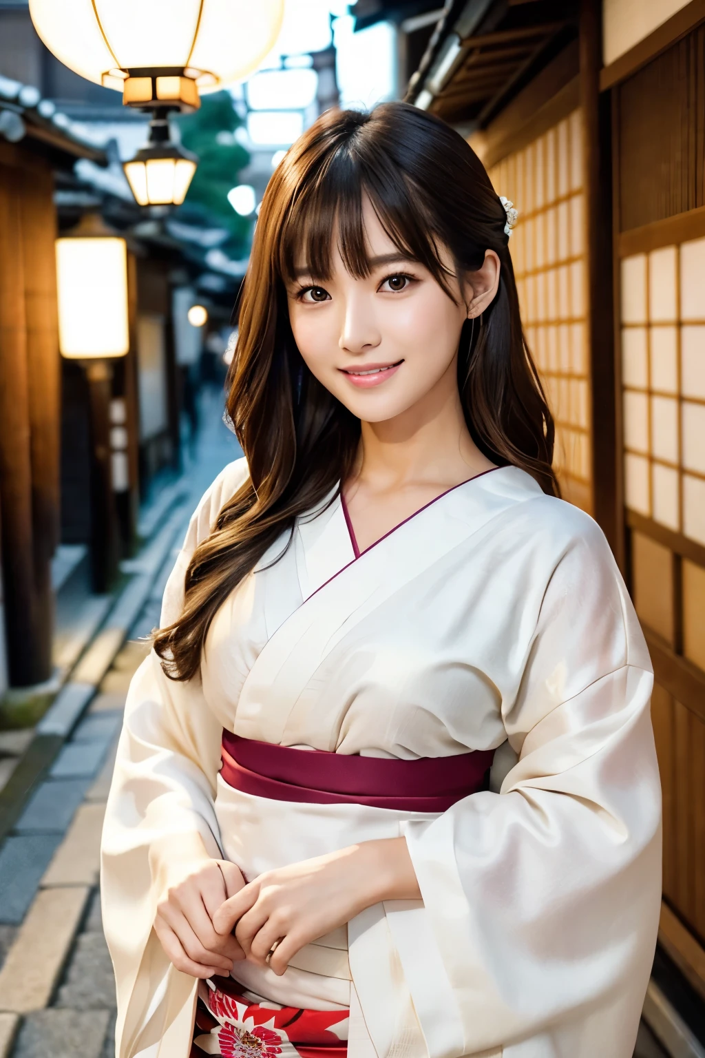 (masterpiece:1.3)、High resolution、Super detailed、Highly detailed CG Unity 8k wallpaper、Real、Photorealistic、RAW Photos、Beautifully detailed face、青White skin、Realな輝く肌、Detailed cloth texture、Detailed hair texture、Perfect body、Beautiful Face、correct、Anatomically correct、Highly detailed face and skin texture、Natural neck length、(Beautiful Hands)、(White skin:1.2)、Thin legs、Thin legs、Beautifully aligned teeth、BREAK、Detailed eyes、Symmetrical eyes、Light brown eyes、double eyelid、Thin eyebrows、(Glossy Lips:1.4)、((Smiling Kindly:1.2))、(blush:1.1)、BREAK、(Very cute girl:1.3)、((Wearing a luxurious yukata:1.3))、Medium large breasts、(Slim figure:1.1)、Toned Abs、(Dark blonde hair、Wavy Hair、Long Hair:1.2)、((Asymmetrical bangs:1.2))、break、((Elegant standing posture:1.3))、((On the wide streets of Kyoto at night:1.4))、(Cowboy Shot:1.2)、sight、from the front:0.65、