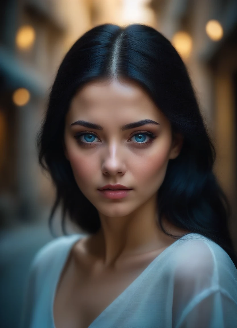 (Best Quality,8k,High resolution,masterpiece), ultra detailed, (Realistic portrait) of a girl, Alone, showing long, Loose black hair and captivating blue eyes that hold the viewer&#39;s gaze.. This portrait emphasizes her striking features enhanced by meticulous makeup., including a vivid lipstick that accentuates your lips. she wears exquisite jewelry, a necklace that complements your outfit, and is adorned with a unique feathered headdress., adding a majestic and ethereal quality to your appearance. The inclusion of a mask and face paint draws inspiration from Native American traditions, enrich the portrait with depth and cultural meaning. The overall composition is a celebration of beauty., tradition, and the art of makeup and adornment., Rendered with realistic precision and attention to detail,Realistic portrait