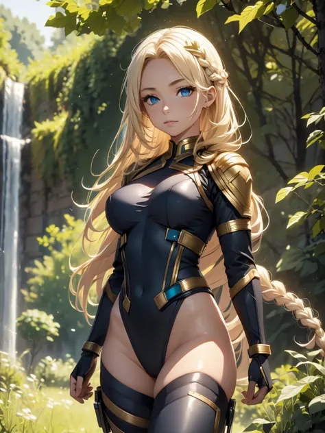 a beautiful warrior girl who looks like a goddess from norse mythology. blonde single braid,she proceeds through the forest in a...