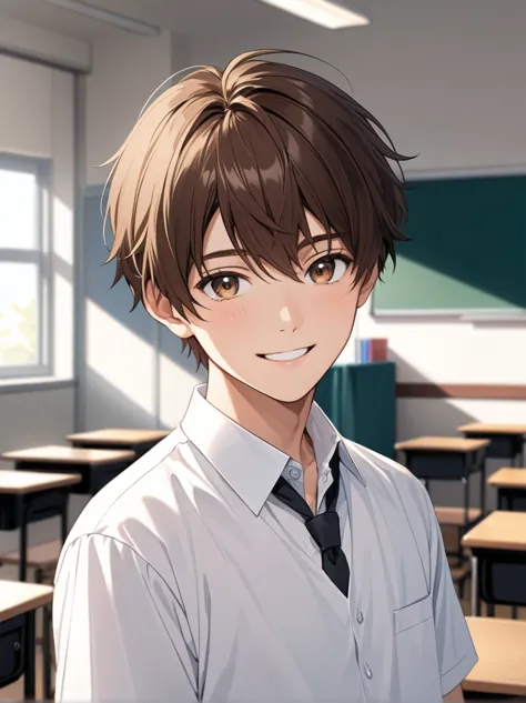 Highest quality, High resolution, Attention to detail, Super Detail, 18-year-old, short hair, Handsome brown-haired high school ...