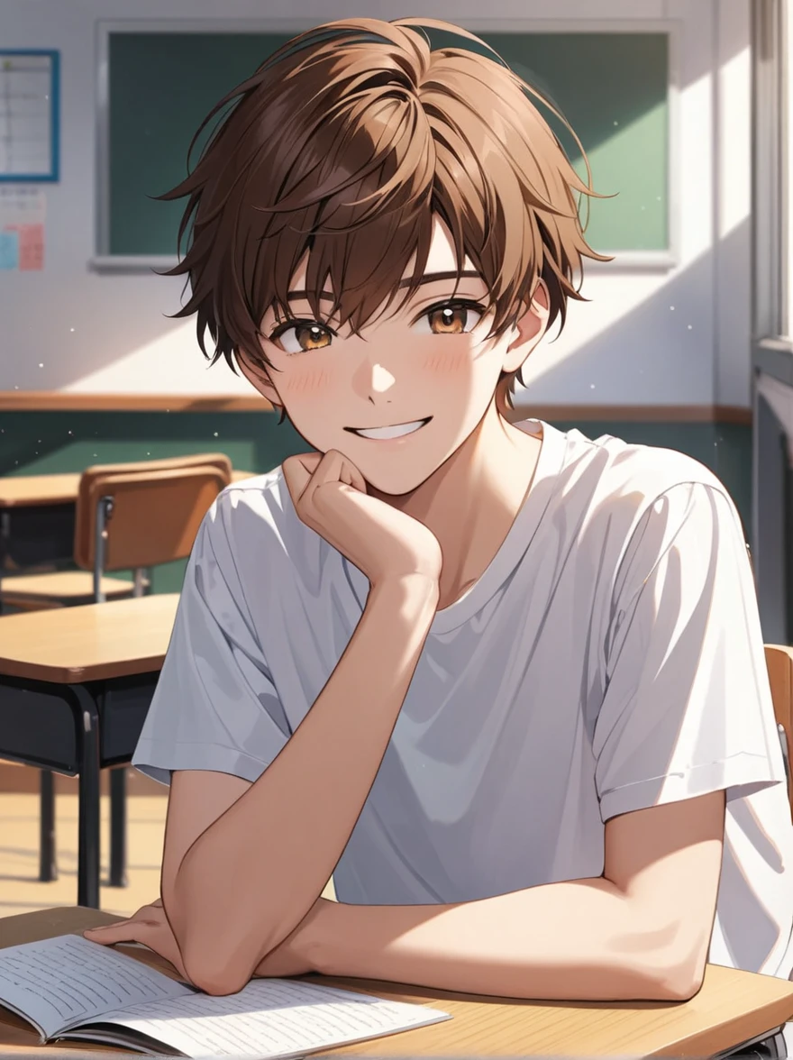 Highest quality, High resolution, Attention to detail, Super Detail, 1, short hair, Handsome brown-haired high school student, Wearing a white shirt, He has a kind and sincere smile, Classroom Background
