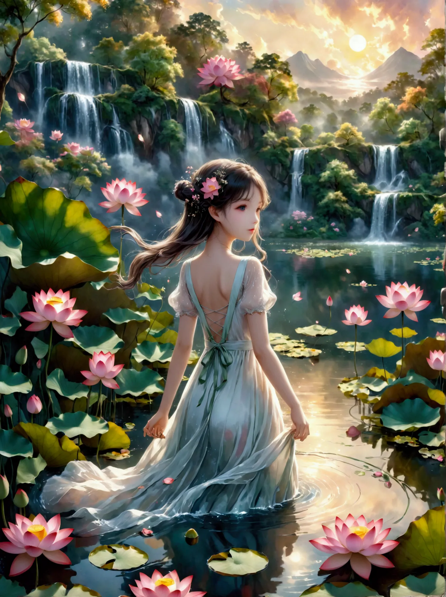 Colored pencils，fairy tales，Hand-painted feel，exquisite，A girl in a white dress stands in the water，（The head is replaced by an ...