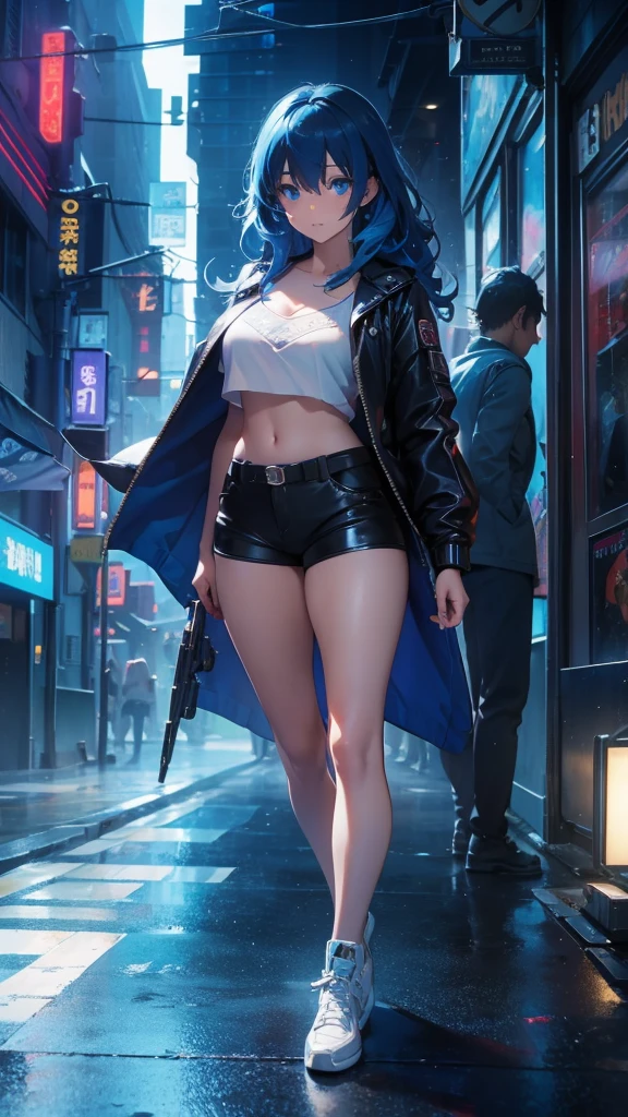 Boutique,best qualityer,gold jewelry,(slip your feet),Fairy skin,(Fidelity :1.2),standing,super verbose,realisitic,high qualiy,Film light,ray tracing,ultra HD,trunk, Girl in shorts and jacket next to a CyberPunk, trends in CGSTATION, Guweiz, Russel Dongjun Lu, cyberpunk anime digital art, ross tran 8k, Guweiz na ArtStation Pixiv, Girl blue eyes blue hair dark skin sexy body voluminous wavy hair 