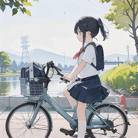 (masterpiece, Highest quality:1.2), reality、Girl on a bicycle, alone、Junior high school girl，uniform、Standing in line，Fluttering...