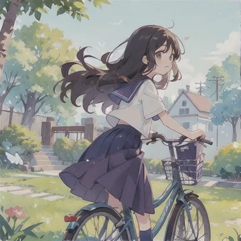 (masterpiece, highest quality:1.2), reality、girl on a bicycle, alone、junior high school girl，uniform、standing in line，fluttering...