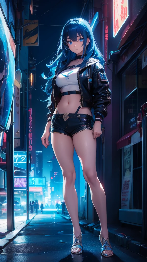 Boutique,best qualityer,gold jewelry,(slip your feet),Fairy skin,(Fidelity :1.2),standing,super verbose,realisitic,high qualiy,Film light,ray tracing,ultra HD,trunk, Girl in shorts and jacket next to a CyberPunk, trends in CGSTATION, Guweiz, Russel Dongjun Lu, cyberpunk anime digital art, ross tran 8k, Guweiz na ArtStation Pixiv, Girl blue eyes blue hair dark skin sexy body voluminous wavy hair 