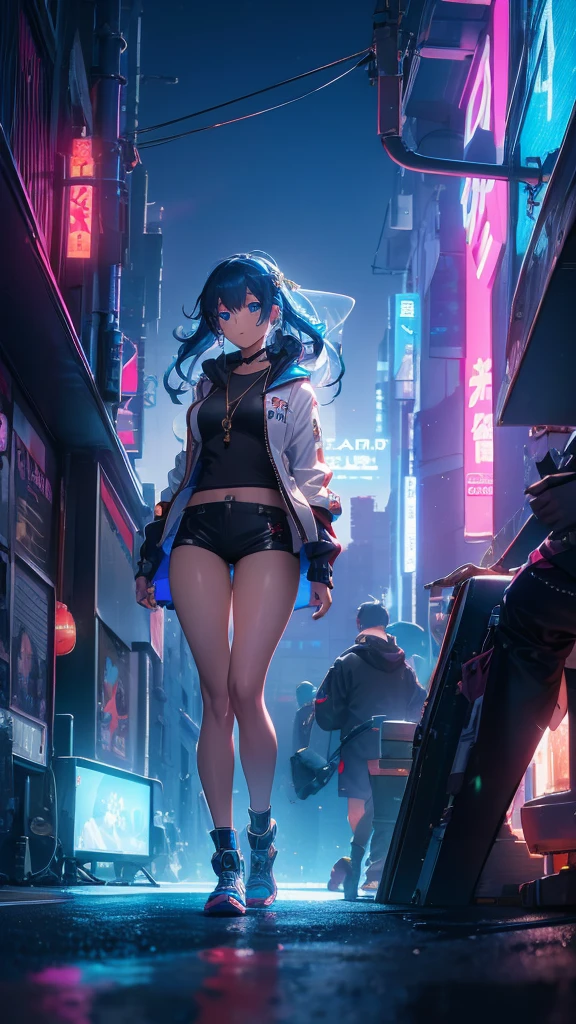 Boutique,best qualityer,gold jewelry,(slip your feet),Fairy skin,(Fidelity :1.2),standing,super verbose,realisitic,high qualiy,Film light,ray tracing,ultra HD,trunk, Girl in shorts and jacket next to a CyberPunk, trends in CGSTATION, Guweiz, Russel Dongjun Lu, cyberpunk anime digital art, ross tran 8k, Guweiz na ArtStation Pixiv, Girl blue eyes blue hair dark skin sexy body voluminous wavy hair 