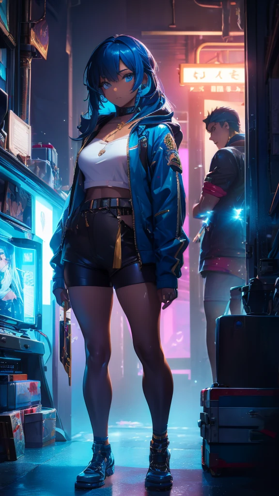 Boutique,best qualityer,gold jewelry,(slip your feet),Fairy skin,(Fidelity :1.2),standing,super verbose,realisitic,high qualiy,Film light,ray tracing,ultra HD,trunk, Girl in shorts and jacket next to a CyberPunk, trends in CGSTATION, Guweiz, Russel Dongjun Lu, cyberpunk anime digital art, ross tran 8k, Guweiz na ArtStation Pixiv, Girl blue eyes blue hair dark skin sexy body voluminous wavy hair 