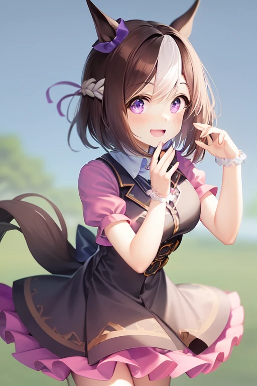 special_week_\(umamusume\),  looking at viewer, horse tail, smile, , best quality 