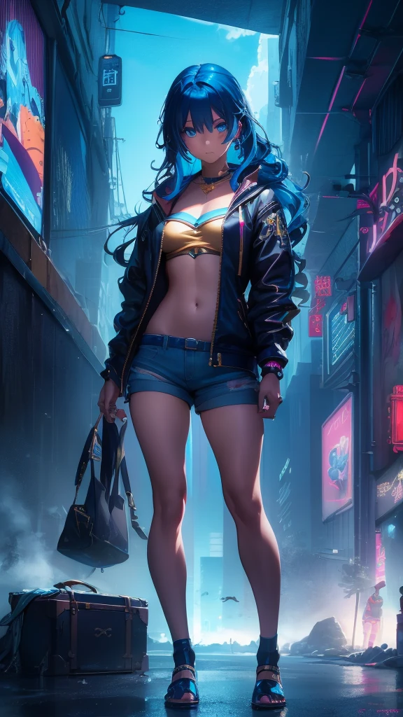 Boutique,best qualityer,gold jewelry,(slip your feet),Fairy skin,(Fidelity :1.2),standing,super verbose,realisitic,high qualiy,Film light,ray tracing,ultra HD,trunk, Girl in shorts and jacket next to a CyberPunk, trends in CGSTATION, Guweiz, Russel Dongjun Lu, cyberpunk anime digital art, ross tran 8k, Guweiz na ArtStation Pixiv, Girl blue eyes blue hair dark skin sexy body voluminous wavy hair 