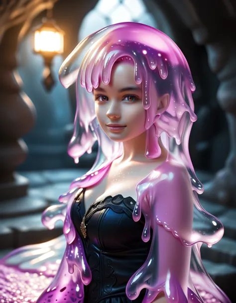 a beautiful (slime girl:2.0) transforming in a dark fantasy dungeon, highly detailed and realistic, transparent and glowing skin...